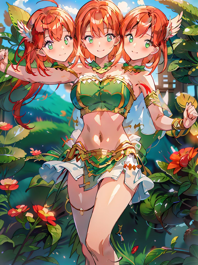 (masterpiece, best quality), best resolution, (3heads:1.5), 1girl, red hair, long flowing hair, smiling, soft smile, open belly, white-green crop top, green-white miniskirt, open breasts, huge tits, sexy pose, hair length until shoulders, feather on head,