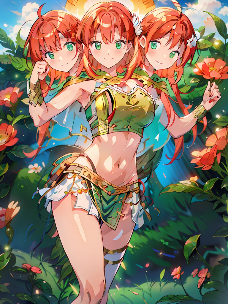 (masterpiece, best quality), best quality, (ultra-detailed), (3heads:1.5), 1girl, (son biten:1.3), masterpiece, best quality, ultra quality, ultra resolution, ultra detail, lime, orange, and blue top, crop top, ((stomach)), midriff, ((groin)), lime, orange, and blue skirt, normal ears, shackles, short brown hair, very long hair, wavy hair, sidelocks, crimson eyes, detailed eyes, parted lips, headband, sweat, cute, toned belly, hand on own chest, eyelashes, (25 year old woman:1.3), (masterpiece:1.5), (best quality:1.5), (beautiful detailed), extremely detailed CG, extremely delicate and beautiful, depth of field, (finely detailed face), (perfect details:1.2), (mature female:1.3), wide pelvis, slender, large veiny breast, 16k resolution, highres, high quality, high definition, extremely detailed, masterpiece, short brown hair, long hair, alluring presence, braid, short skirt, close up, big tits, young, bob cut, pigtails, monkey tail,