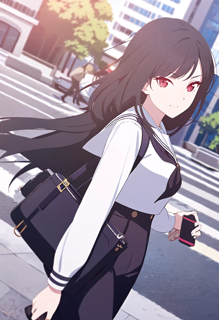 (One tall woman,Black Hair,Long hair,Red Eyes,Dynamic Angle)Woman walking in the city,Sailor suit,White Shirt,Black trousers,Face to the viewer