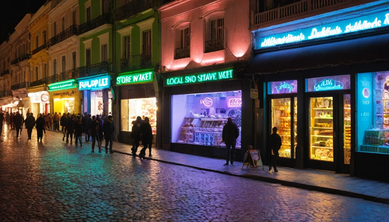 Rua de Kylesville com local market Rua: A typical Kylesville street with the buildings depicted.local market: storefronts, cafés, restaurants with green or blue neon lights.detaileds: May include illuminated shop windows, neon signs, people wearing winter clothes.lighting: white lights on streetlights, neon on store facades.climate: polar winter (Snow on sidewalks, cold atmosphere).