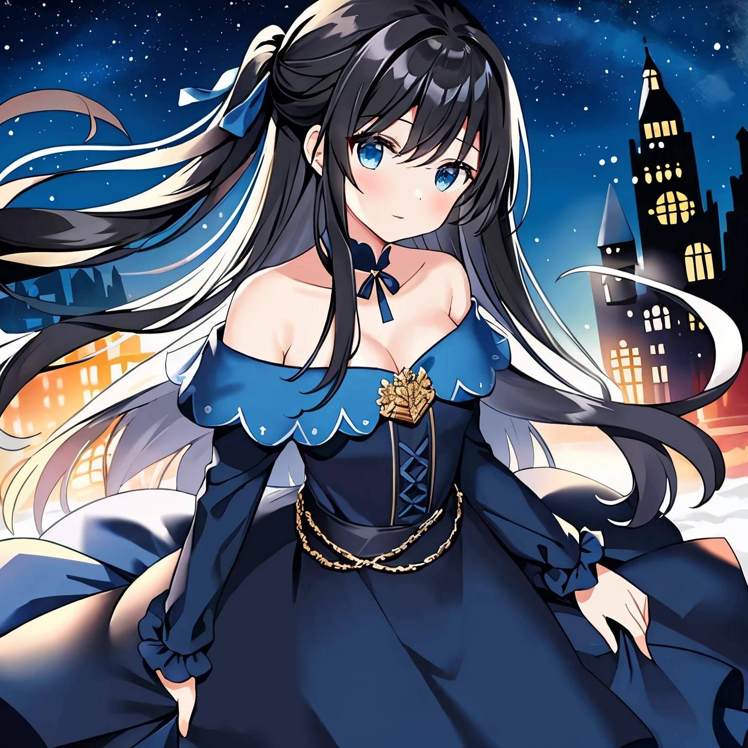 ((best quality)), ((masterpiece)), (detailed), 1girl, off-shoulder black and blue dress, black hair, blue eyes, blue snow city, nighttime