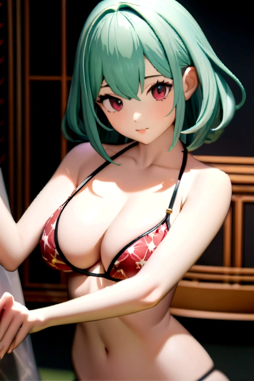 Tabletop, Highest quality, figure, Super detailed, In detail, High resolution, 8k wallpaper, Perfect dynamic composition, Beautiful attention to detail, Medium Hair, Center of chest, Natural color lip, Random sexy poses,,cute、bikini(green and red pattern)、all、By the pool、Sexy pose