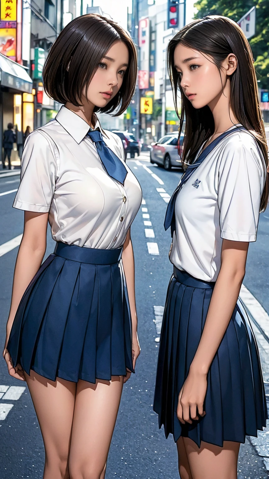 ((Highest quality)), ((masterpiece)), (Detailed boobs),(Very slim:1.7), (Perfect Face:1.8), (Perfect Eyes), (Very detailed), (Perfect detail) ,Very detailedな顔と肌の質感, (Perfect body), (Perfect Face), (((Two girls side by side:1.5))), Very detailedな目, (Junior High School Uniform), White shirt with front opening, Ultra short thigh-length dark blue pleated skirt, tie, Beautiful breasts, (Medium milk:1.5),Very slim legs, short hair, (On a street corner in Tokyo, Outdoor), (Cowboy Shot), (No makeup:1.2)、(No makeup:1.5)、(Very thin thighs)、 (13-year-old girl:1.2)、Big eyes, ((Browsing Caution:1.0))