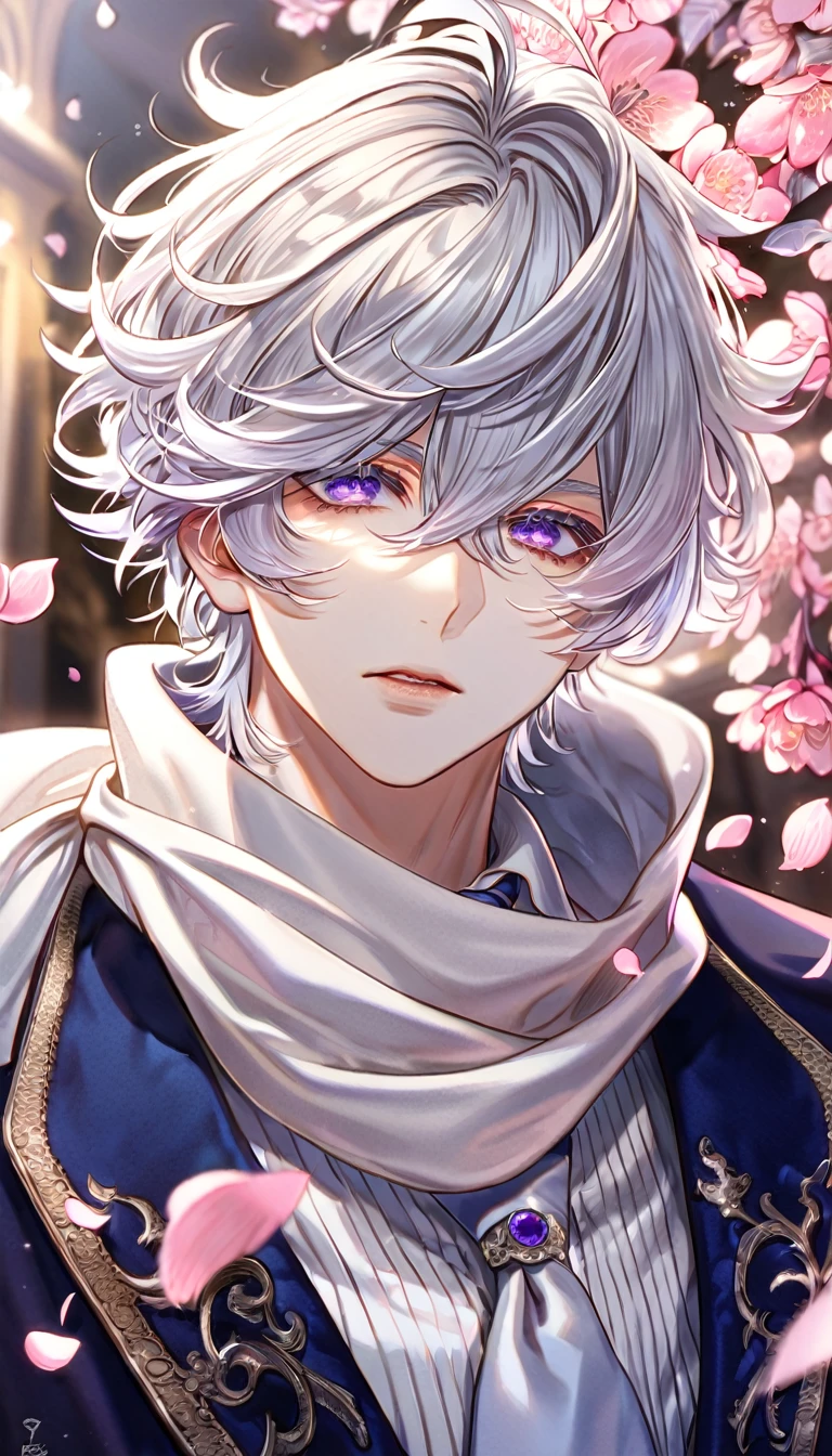 absurdres, highres, ultra detailed, HDR, master piece, best quality, Gauche Suede, white hair, expressive purple eyes, messy hair, hair between the eyes, Tegami Bachi, solo, sexy man, handsome, white scarf, dark blue jacket, white shirt, dark blue necktie, fantasy, shining, pink flowers, pink blossoms, pink petals