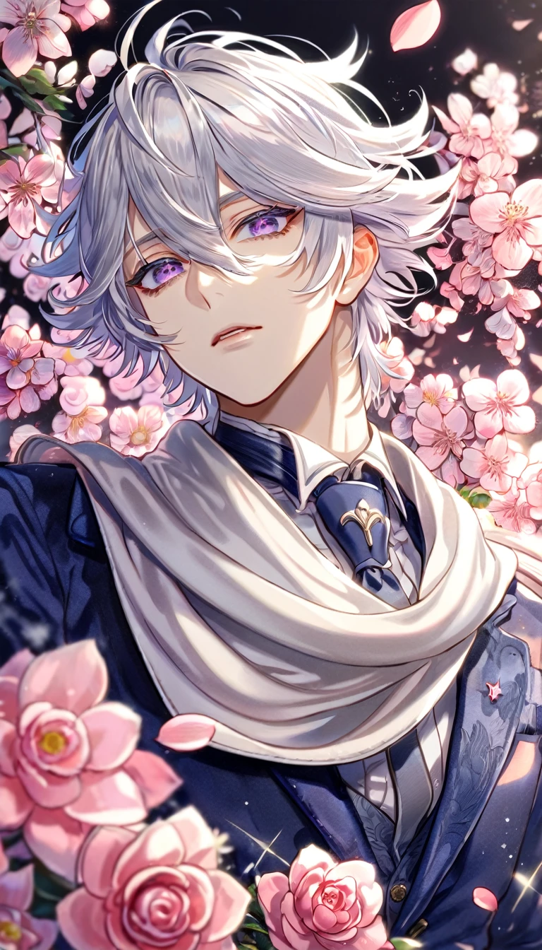 absurdres, highres, ultra detailed, HDR, master piece, best quality, Gauche Suede, white hair, expressive purple eyes, messy hair, hair between the eyes, Tegami Bachi, solo, sexy man, handsome, white scarf, dark blue jacket, white shirt, dark blue necktie, fantasy, shining, pink flowers, pink blossoms, pink petals