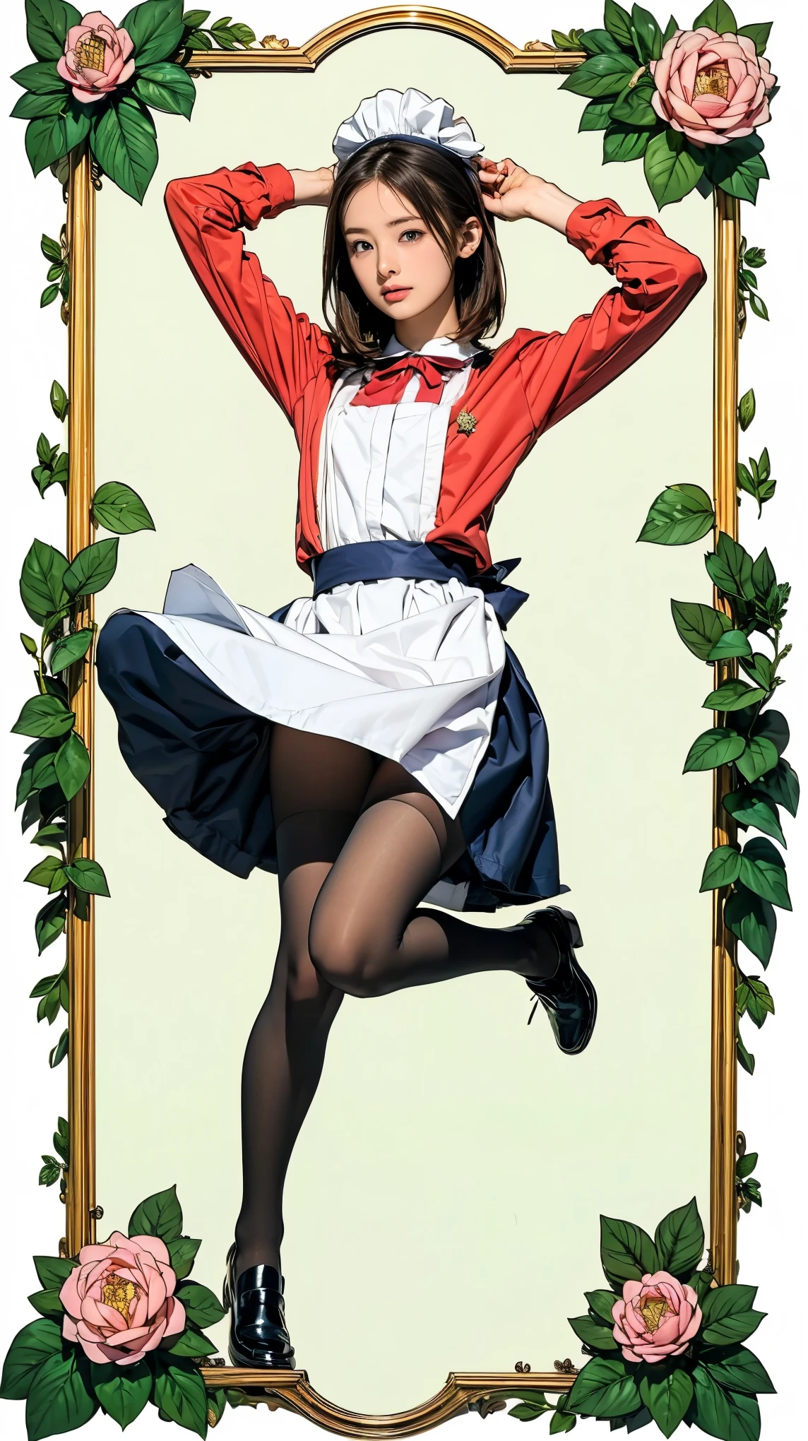 ((masterpiece)),(((Highest quality))),((Character design sheet)),Thin thighs,Long legs,((Alice in Wonderland, wearing a large ribbon on your head,, Wearing maid uniform:1.5,wear black tights,loafers))、15-year-old girl、(Raise your arms、Jumping with armpits exposed:1.2)、(Droopy eyes:1.2), (Very slim:1.4)、Plant and flower background:1.5