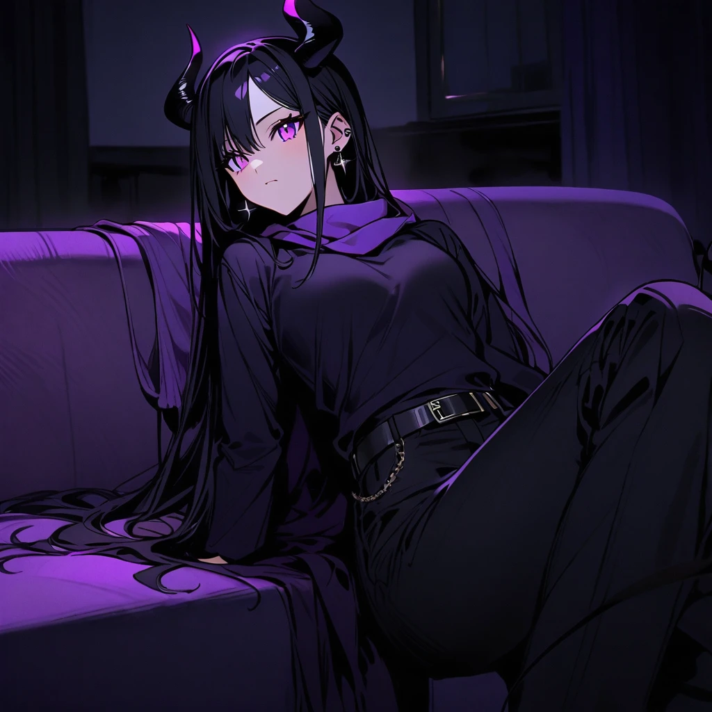 woman with horns and demon tail, long straight black hair, wears two black cross earrings, purple scarf, black t-shirt, purple jacket over it, black pants with white details, belt over the pants.
 Sitting on a sofa in a living room