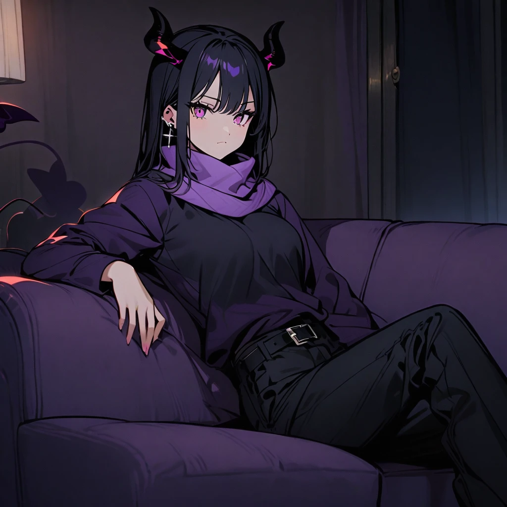 woman with horns and demon tail, long straight black hair, wears two black cross earrings, purple scarf, black t-shirt, purple jacket over it, black pants with white details, belt over the pants.
 Sitting on a sofa in a living room