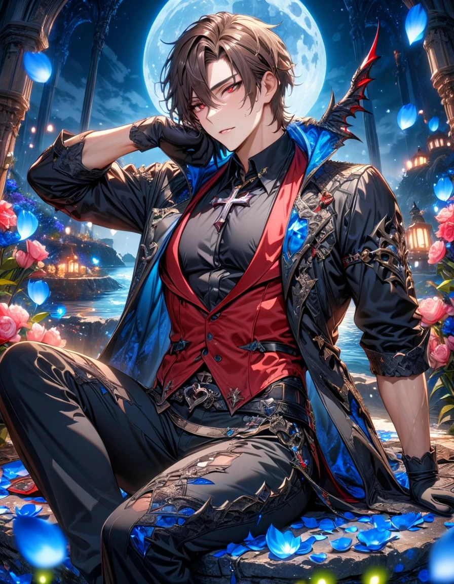 absurdres, highres, ultra detailed, HDR, master piece, Elian, dark brown hair, expressive red eyes, cross neckle, red vest, Demon Fantasy, sexy man, handsome, best quality, blue moon, flowers, fantasy, magical, solo, black coat, water, blue shining fireflies, hunter, black gloves, black shirt, blue petals, sitting, black pants