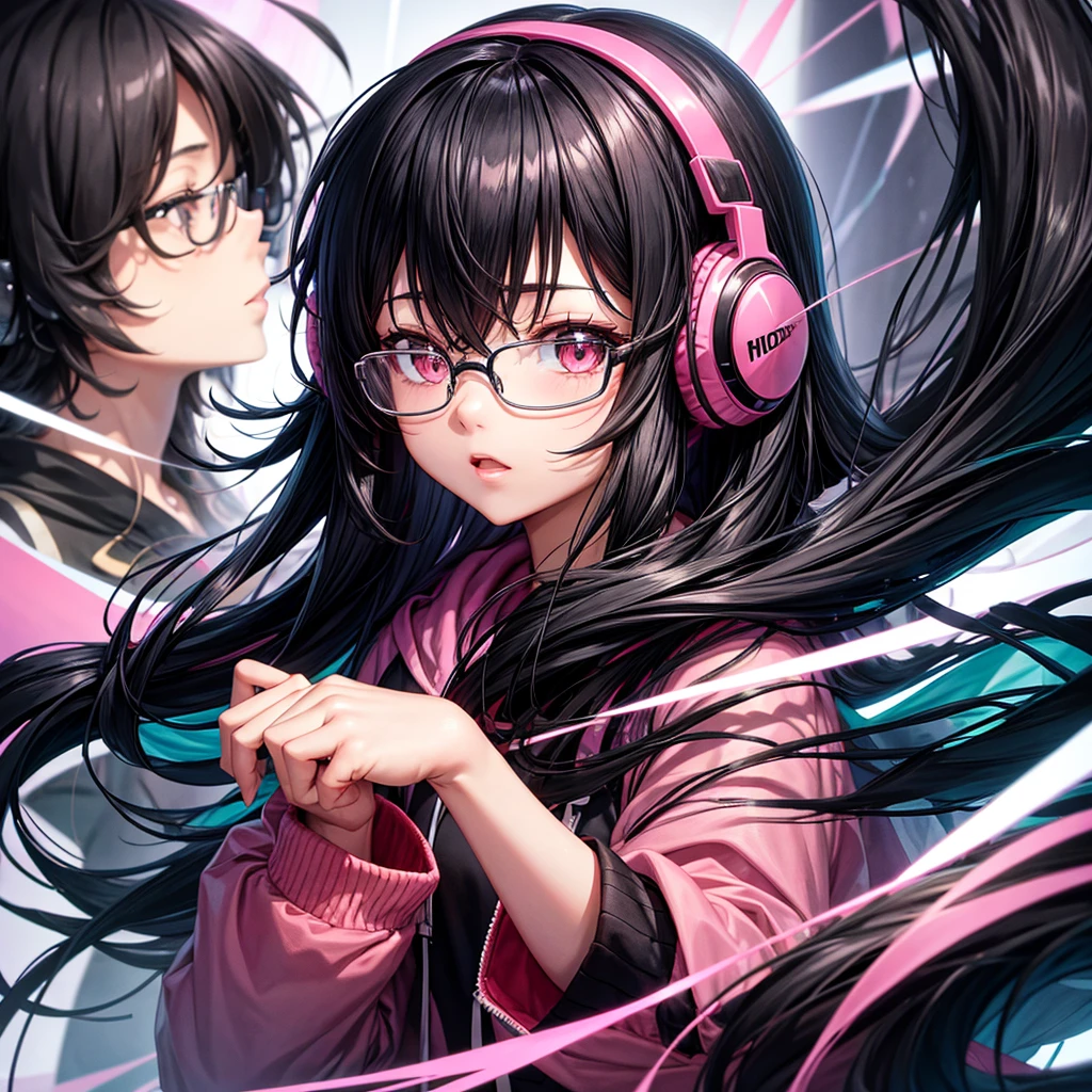 Black long hair girl with bangs,Anime,black and pink hoodie, glasses, headphones on head