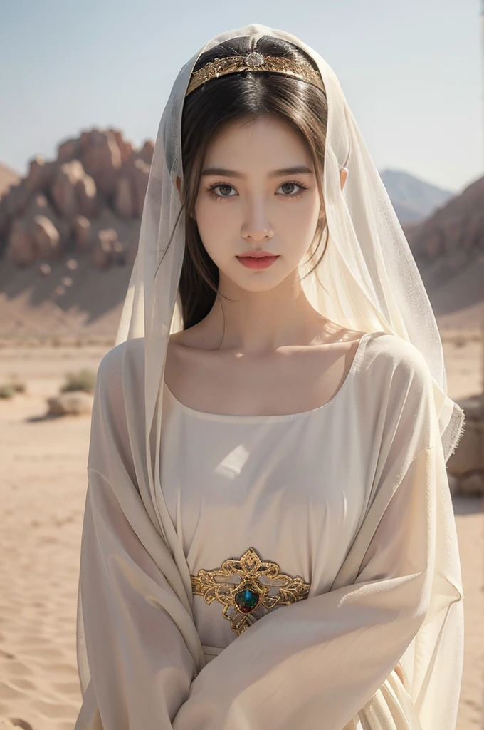 (((best quality))),(((ultra detailed))),(((masterpiece))),illustration,1girl, solo,princess, Arabic,slim,thin,flat chest,small breasts, palace, desert, gold, gemstones,headscarf, veil on face,white sheer traditional clothing, hairband, deep eyes, elegant face, subtle smile, sunlight, shining, serene, environment,day scene,out door,standing,arms behind back,upper body,from front