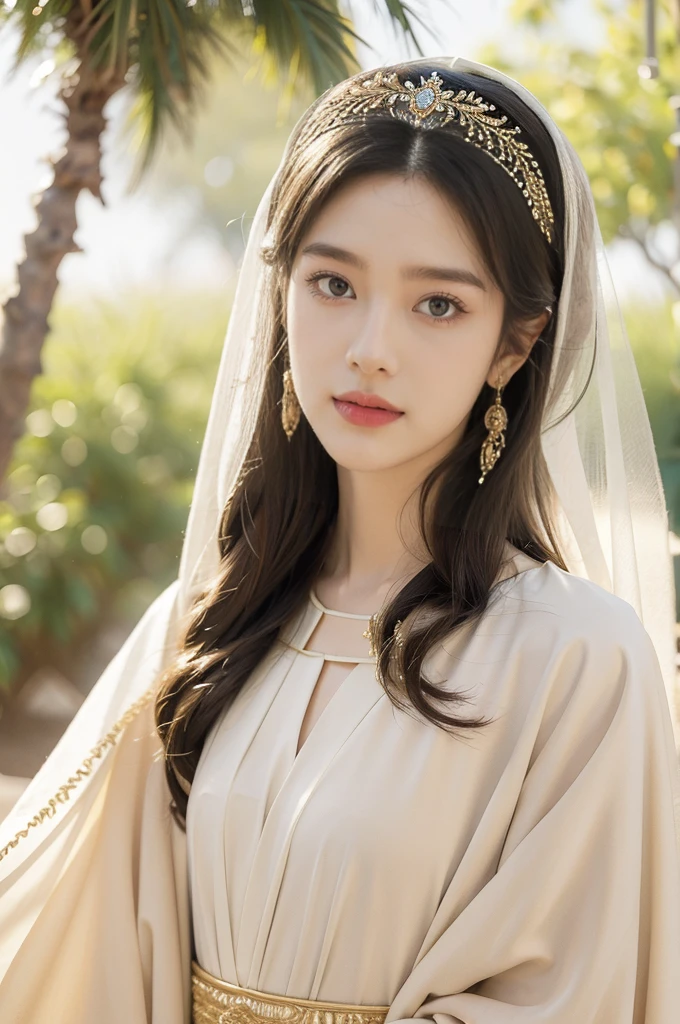 (((best quality))),(((ultra detailed))),(((masterpiece))),illustration,1girl, solo,princess, Arabic,slim,thin,flat chest,small breasts, palace, desert, gold, gemstones,headscarf, veil on face,white sheer traditional clothing, hairband, deep eyes, elegant face, subtle smile, sunlight, shining, serene, environment,day scene,out door,standing,arms behind back,upper body,from front