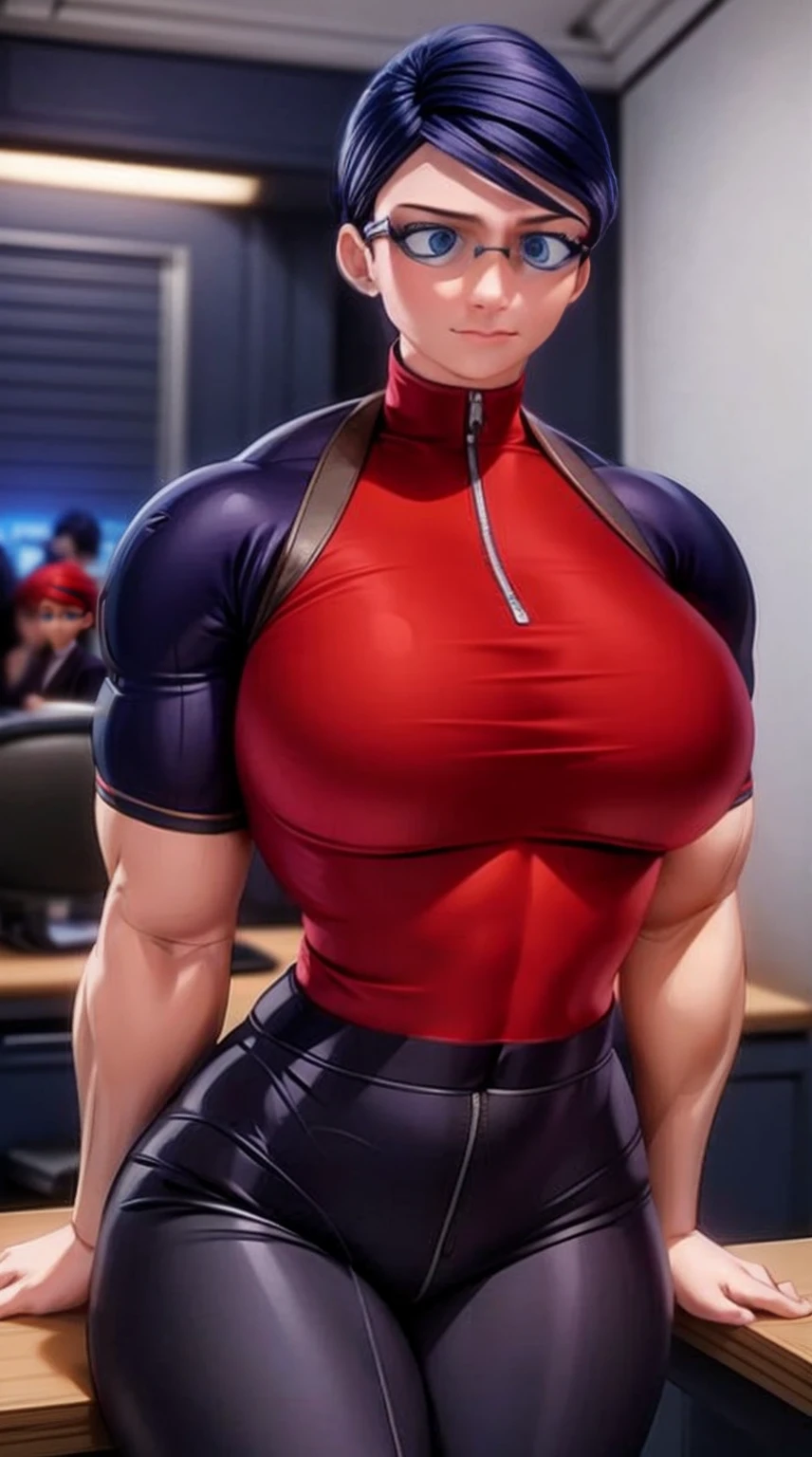 a muscular female bodybuilder in (( red bra inside (office suit) and her hair is (gradient of dark blue and red) from bottom to the right side of hair)), detailed face, beautiful detailed eyes, beautiful detailed lips, ((extremely detailed face and muscles)), long eyelashes, strong muscles bulging through suit, dynamic pose, professional studio lighting, hyperrealistic, 8k, high quality, photorealistic, physically-based rendering, concept art, dramatic color palette,((abs)).