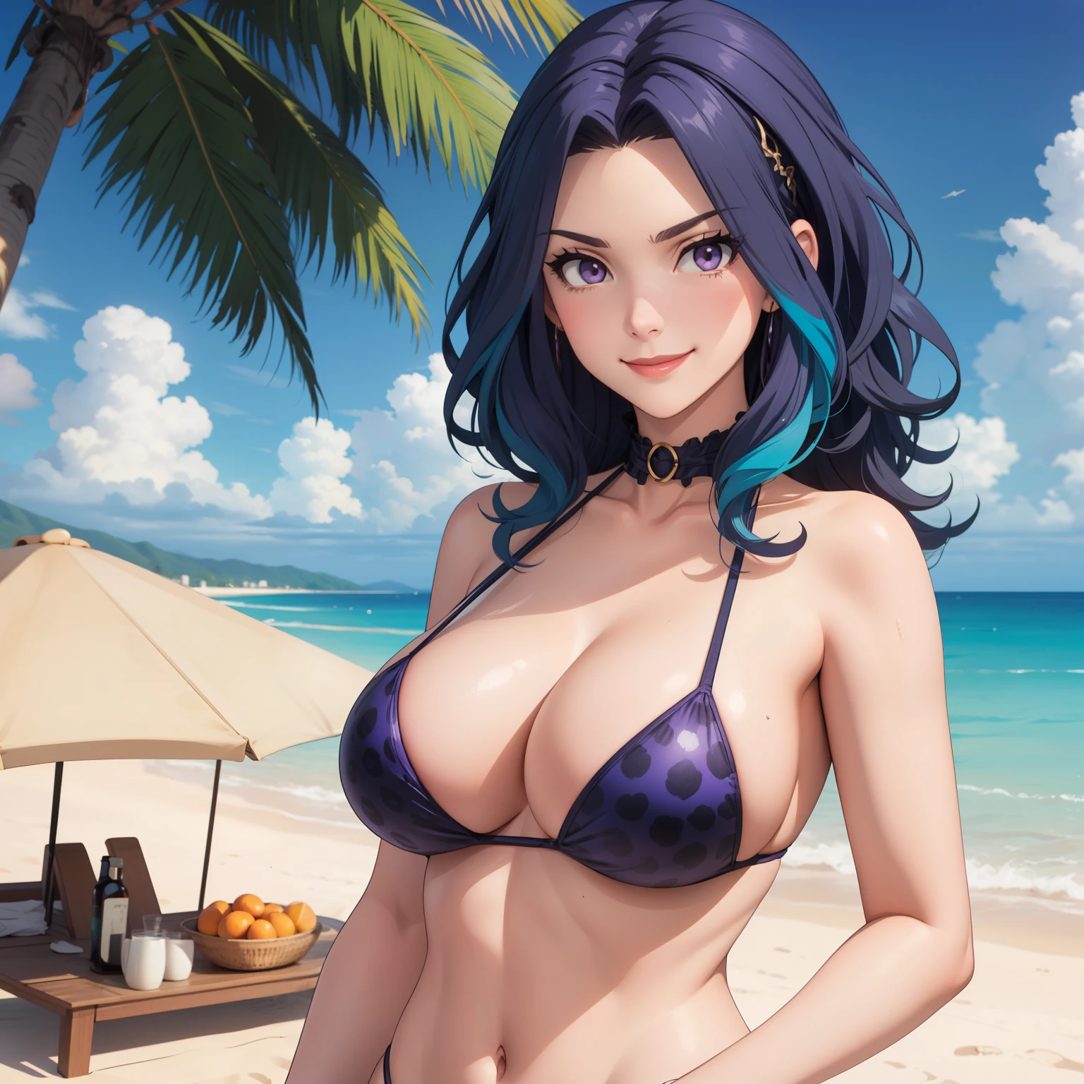 Women, 30 year old woman, wavy blue hair sueto, Free hair, violet eyes like , smug smile, big breasts naked, bikini violeta con diseño de leopardo, fondo una playa tropical.
