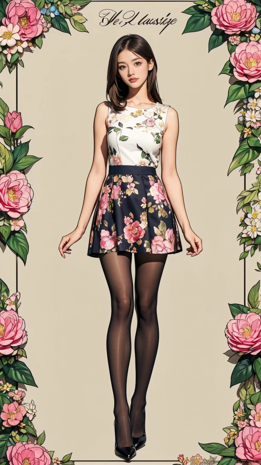 ((masterpiece)),(((Highest quality))),((Character design sheet)),Thin thighs,Long legs,whole body:1.5,(One Girl:1.3),(Black pantyhose and thick pointy heels:1.3),(Wearing a floral and plant patterned mini skirt dress:1.2),Short blonde:1.2、Model pose,Floral and botanical background:1.5,