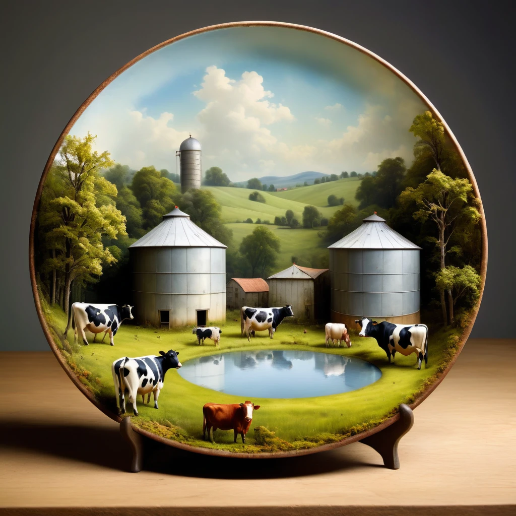 Diorama of the meadow, some cows, old silo, on round plate, surreal, high resolution, beautiful, highest quality, masterpiece, highly detailed 