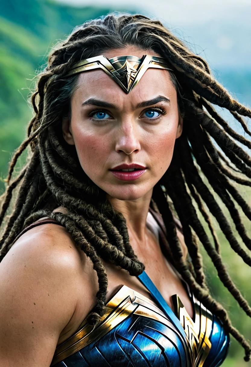 Extreme close-up Gal Gadot (((blue eyes))),(((dreadlocks)))under the mantle of the Amazon warrior (((Wonder woman)),((dreadlocks))) surreal and cinematographic images Color Splash images f(((Traje actual Wonder woman))),(((Diaema Wonder woman))),(((dreadlocks)))