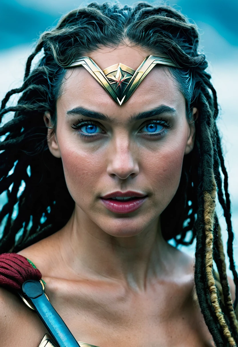 Extreme close-up Gal Gadot (((blue eyes))),(((dreadlocks)))under the mantle of the Amazon warrior (((Wonder woman)),((dreadlocks))) surreal and cinematographic images Color Splash images f(((Traje actual Wonder woman))),(((Diaema Wonder woman))),(((dreadlocks)))
