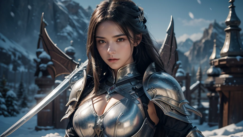 Close-up of woman holding sword and armor, Armor Girl, 2. 5D CGI anime fantasy artwork, Large Breasts,Epic fantasy digital art style, detailed Digital 2D fantasy art, Digital 2D fantasy art, original photo, (best quality:1.3), high resolution, (masterpiece), (lifelike:1.4), Professional photography, Clear focus, High Dynamic Range, 8k resolution, Intricate details, Fine details, Depth of Field, Extremely detailed CG unified 8k wallpaper, masterpiece,poster,best quality,Official Art,(Beauty and aesthetics:1.2),(masterpiece:1.3),Miss,personal,Light Leather Armor,complex pattern,winter,Snow Mountain,Medium distance photography,(midnight),dramatic,Giant bat wings,