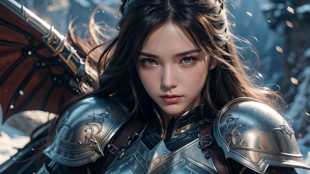 Close-up of woman holding sword and armor, Armor Girl, 2. 5D CGI anime fantasy artwork,  Large Breasts，Epic fantasy digital art style, detailed Digital 2D fantasy art, Digital 2D fantasy art, original photo, (best quality:1.3), high resolution, (masterpiece), (lifelike:1.4), Professional photography, Clear focus, High Dynamic Range, 8k resolution, Intricate details, Fine details, Depth of Field, Extremely detailed CG unified 8k wallpaper, masterpiece，poster，best quality，Official Art，（Beauty and aesthetics：1.2），（masterpiece：1.3），Miss，personal，Light Leather Armor，complex pattern，winter，Snow Mountain，Medium distance photography，（midnight），dramatic，Giant bat wings，