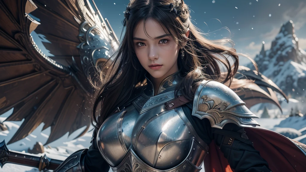 Close-up of woman holding sword and armor, Armor Girl, 2. 5D CGI anime fantasy artwork, Large Breasts,Epic fantasy digital art style, detailed Digital 2D fantasy art, Digital 2D fantasy art, original photo, (best quality:1.3), high resolution, (masterpiece), (lifelike:1.4), Professional photography, Clear focus, High Dynamic Range, 8k resolution, Intricate details, Fine details, Depth of Field, Extremely detailed CG unified 8k wallpaper, masterpiece,poster,best quality,Official Art,(Beauty and aesthetics:1.2),(masterpiece:1.3),Miss,personal,Light Leather Armor,complex pattern,winter,Snow Mountain,Medium distance photography,(midnight),dramatic,Giant bat wings,