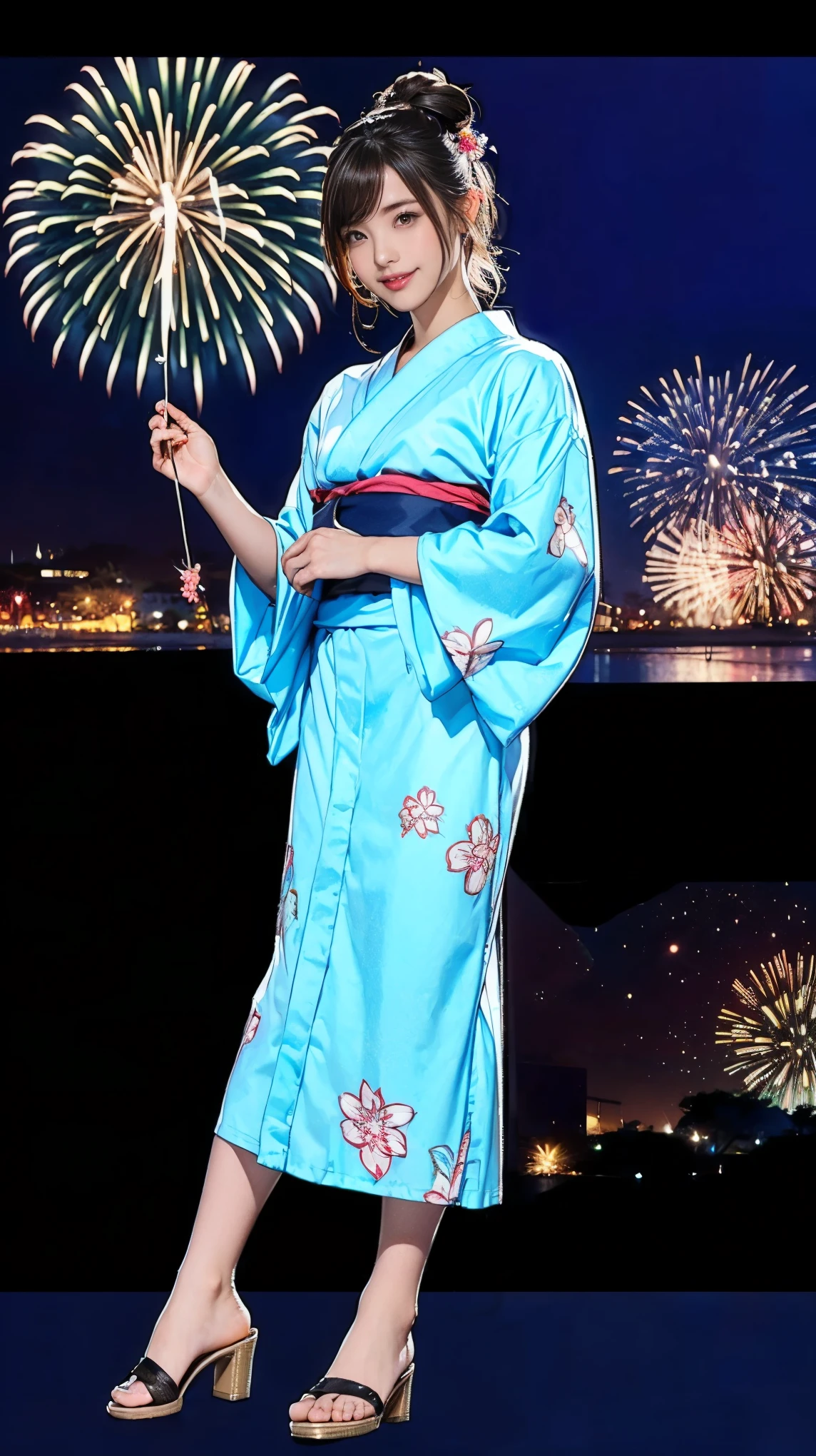 ((masterpiece)),(((Highest quality))),((Character design sheet)),Japanese yukata with flashy plant and floral patterns:1.5,Stylish sandals:1.5,The best smile:1.5,Full Body Shot:1.5,Night fireworks background:1.5,Flashy makeup with red eyeshadow:1.5,Bun Hair:1.5,