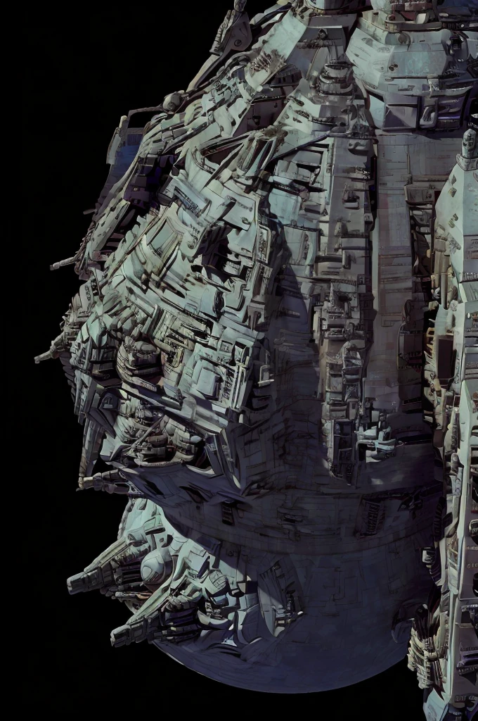 a warship starship shaped like a giant sphere with ports and weapons under attack by spaceships with a nebula in the background, masterpiece, best, photo realistic moon, Death Star, Unicron, battle moon