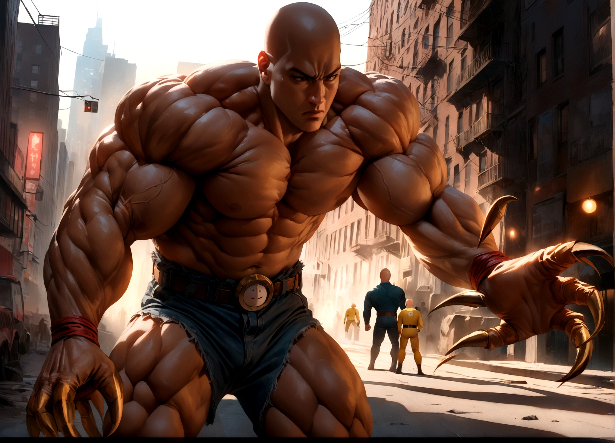 A highly detailed, muscular Wolverine in a 90s comic book style, claws extended, enraged expression, facing off against a bored, unimpressed Saitama from One Punch Man, set in a gritty, urban New York City backdrop, cinematic lighting, dramatic shadows, intense colors, masterpiece, 8k, hyper realistic, sharp focus, intricate details