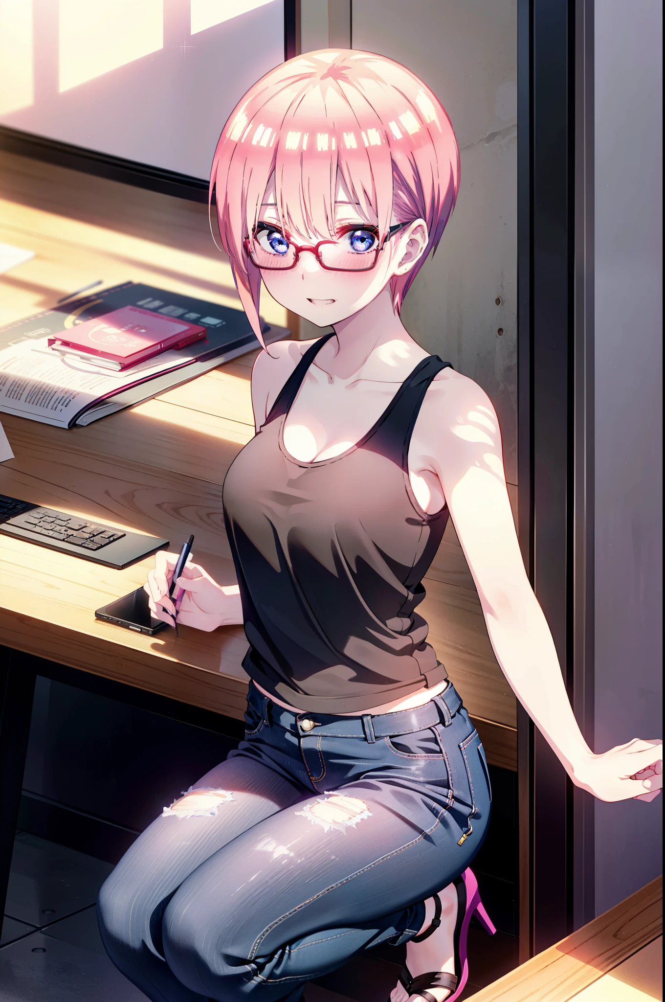 ichikanakano, Nakano Ichika, short hair, bangs, blue eyes, Hair between the eyes, Pink Hair, Grin,smile,Glasses,black tank top shirt,Skinny jeans,Stiletto heels,interior,There is a computer on the table,whole bodyがイラストに入るように,Walking,Daytime,Clear skies,
break indoors, office,
break looking at viewer,whole body,
break (masterpiece:1.2), Highest quality, High resolution, unity 8k wallpaper, (figure:0.8), (Beautiful attention to detail:1.6), Highly detailed face, Perfect lighting, Highly detailed CG, (Perfect hands, Perfect Anatomy),