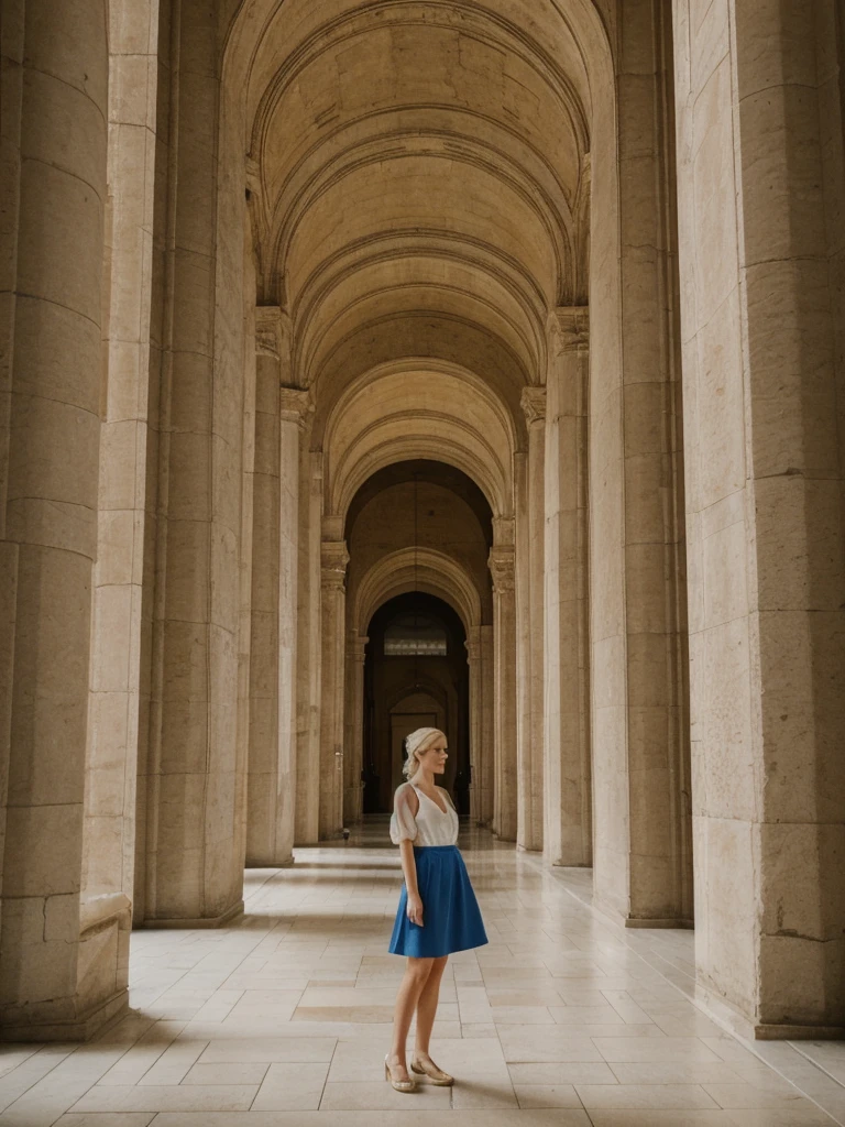 her name is Elle, high quality, 1girl, ((20-year-old fit Caucasian woman)), ((20 years old)), ((fit)), ((pale skin)), ((sleek ponytail blonde colored hair)) , wearing Metallic Gold Sequined One-Shoulder Top + High-Waisted Satin Wrap Skirt, pose: standing, background: The imposing structures within the Pergamon Museum transport visitors back to ancient civilizations. The Ishtar Gate’s brilliant blue tiles and the grand altar from Pergamon dominate the space, their scale and beauty overwhelming. The echo of footsteps on stone floors and the low hum of guided tours fill the vast rooms. The scent of ancient stone and dust mingles with the more modern smell of the museum’s café wafting through the corridors. Outside, the Museum Island offers a serene view of the River Spree, with the Berlin Cathedral standing majestically nearby.