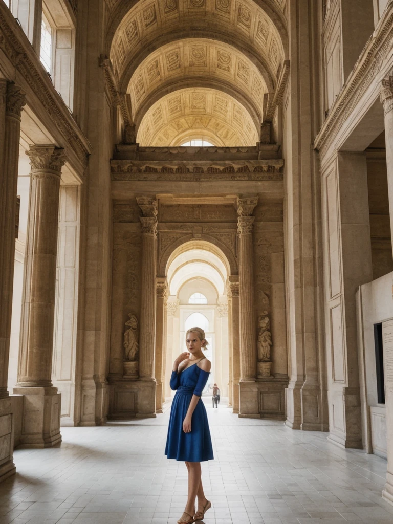 her name is Elle, high quality, 1girl, ((20-year-old fit Caucasian woman)), ((20 years old)), ((fit)), ((pale skin)), ((sleek ponytail blonde colored hair)) , wearing Metallic Gold Sequined One-Shoulder Top + High-Waisted Satin Wrap Skirt, pose: standing, background: The imposing structures within the Pergamon Museum transport visitors back to ancient civilizations. The Ishtar Gate’s brilliant blue tiles and the grand altar from Pergamon dominate the space, their scale and beauty overwhelming. The echo of footsteps on stone floors and the low hum of guided tours fill the vast rooms. The scent of ancient stone and dust mingles with the more modern smell of the museum’s café wafting through the corridors. Outside, the Museum Island offers a serene view of the River Spree, with the Berlin Cathedral standing majestically nearby.