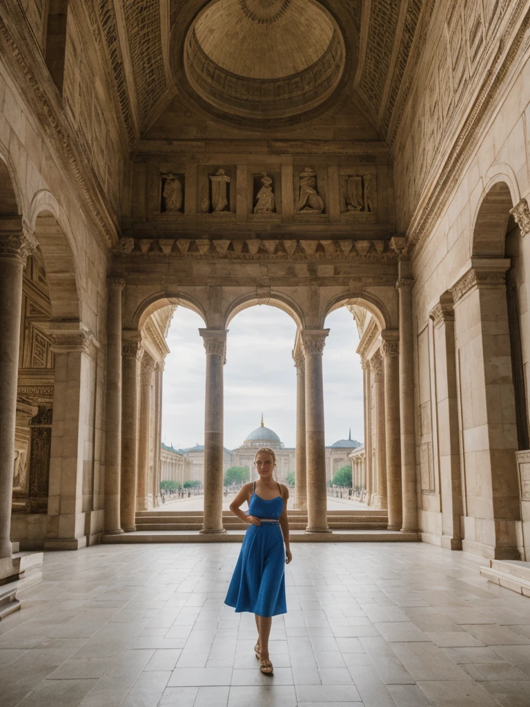 her name is Elle, high quality, 1girl, ((20-year-old fit Caucasian woman)), ((20 years old)), ((fit)), ((pale skin)), ((sleek ponytail blonde colored hair)) , wearing Metallic Gold Sequined One-Shoulder Top + High-Waisted Satin Wrap Skirt, pose: standing, background: The imposing structures within the Pergamon Museum transport visitors back to ancient civilizations. The Ishtar Gate’s brilliant blue tiles and the grand altar from Pergamon dominate the space, their scale and beauty overwhelming. The echo of footsteps on stone floors and the low hum of guided tours fill the vast rooms. The scent of ancient stone and dust mingles with the more modern smell of the museum’s café wafting through the corridors. Outside, the Museum Island offers a serene view of the River Spree, with the Berlin Cathedral standing majestically nearby.