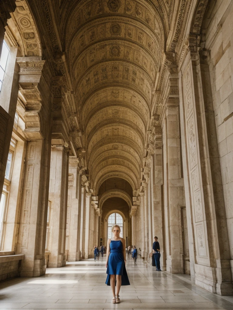 her name is Elle, high quality, 1girl, ((20-year-old fit Caucasian woman)), ((20 years old)), ((fit)), ((pale skin)), ((sleek ponytail blonde colored hair)) , wearing Metallic Gold Sequined One-Shoulder Top + High-Waisted Satin Wrap Skirt, pose: standing, background: The imposing structures within the Pergamon Museum transport visitors back to ancient civilizations. The Ishtar Gate’s brilliant blue tiles and the grand altar from Pergamon dominate the space, their scale and beauty overwhelming. The echo of footsteps on stone floors and the low hum of guided tours fill the vast rooms. The scent of ancient stone and dust mingles with the more modern smell of the museum’s café wafting through the corridors. Outside, the Museum Island offers a serene view of the River Spree, with the Berlin Cathedral standing majestically nearby.