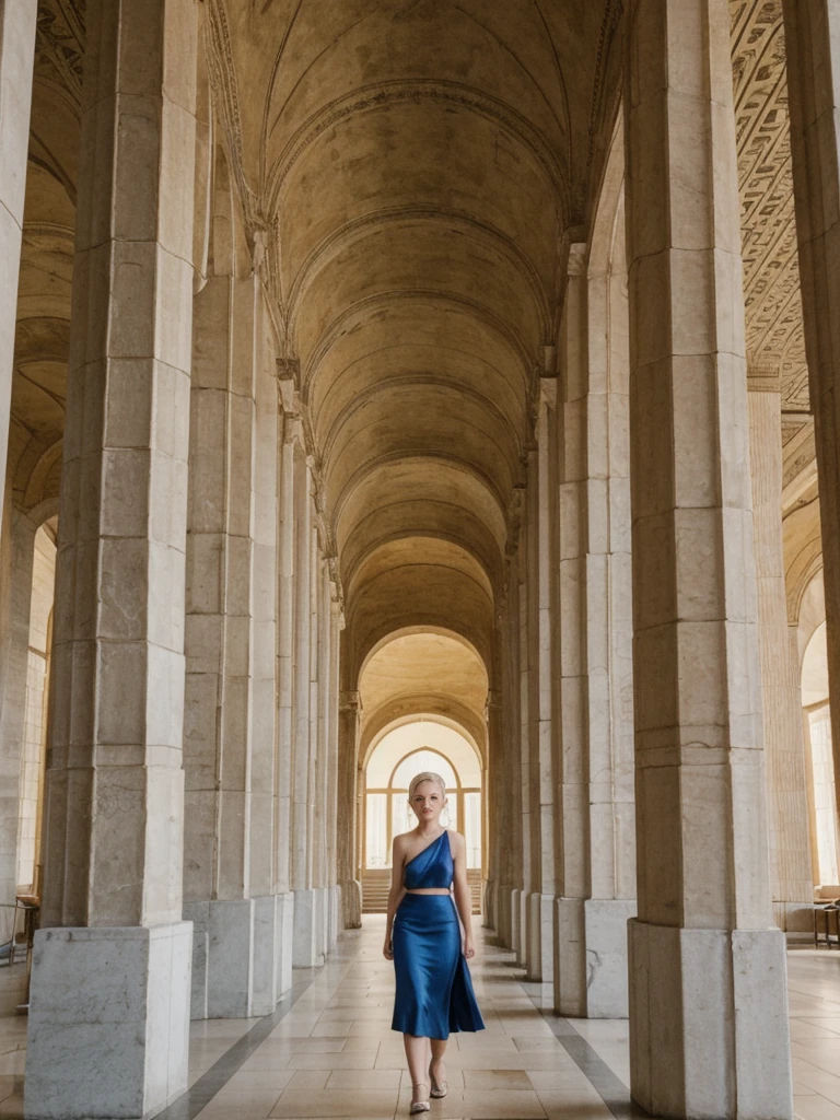 her name is Elle, high quality, 1girl, ((20-year-old fit Caucasian woman)), ((20 years old)), ((fit)), ((pale skin)), ((sleek ponytail blonde colored hair)) , wearing Metallic Gold Sequined One-Shoulder Top  + High-Waisted Satin Wrap Skirt, pose: standing, background: The imposing structures within the Pergamon Museum transport visitors back to ancient civilizations. The Ishtar Gate’s brilliant blue tiles and the grand altar from Pergamon dominate the space, their scale and beauty overwhelming. The echo of footsteps on stone floors and the low hum of guided tours fill the vast rooms. The scent of ancient stone and dust mingles with the more modern smell of the museum’s café wafting through the corridors. Outside, the Museum Island offers a serene view of the River Spree, with the Berlin Cathedral standing majestically nearby.