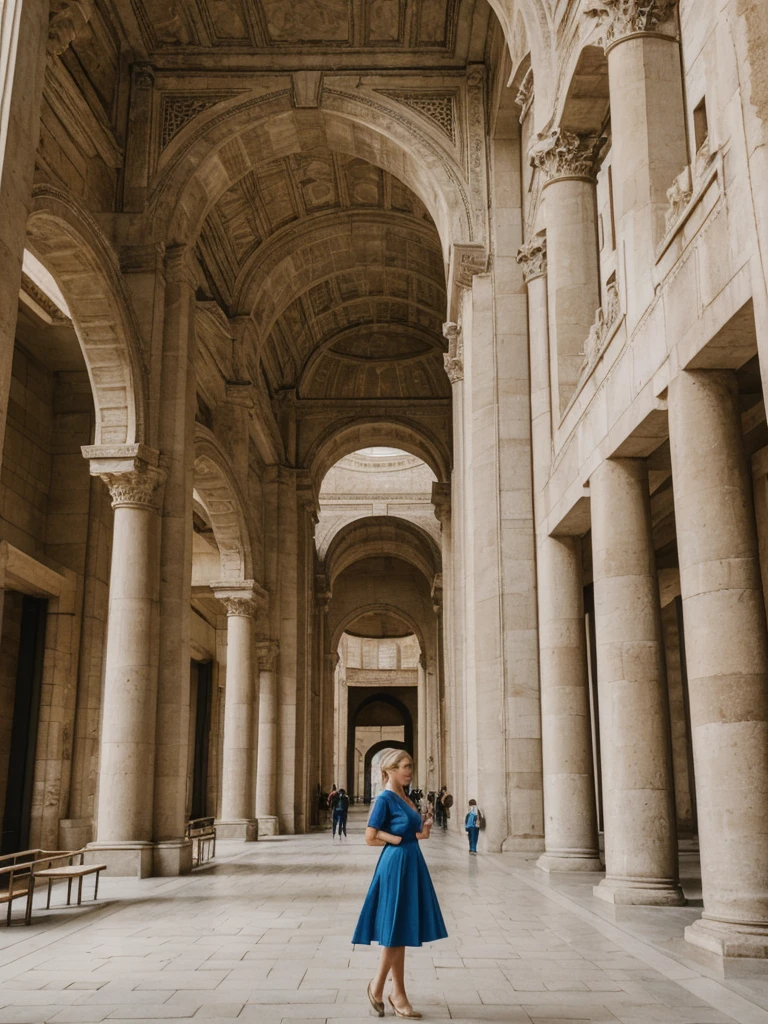 her name is Elle, high quality, 1girl, ((20-year-old fit Caucasian woman)), ((20 years old)), ((fit)), ((pale skin)), ((sleek ponytail blonde colored hair)) , wearing Metallic Gold Sequined One-Shoulder Top  + High-Waisted Satin Wrap Skirt, pose: standing, background: The imposing structures within the Pergamon Museum transport visitors back to ancient civilizations. The Ishtar Gate’s brilliant blue tiles and the grand altar from Pergamon dominate the space, their scale and beauty overwhelming. The echo of footsteps on stone floors and the low hum of guided tours fill the vast rooms. The scent of ancient stone and dust mingles with the more modern smell of the museum’s café wafting through the corridors. Outside, the Museum Island offers a serene view of the River Spree, with the Berlin Cathedral standing majestically nearby.