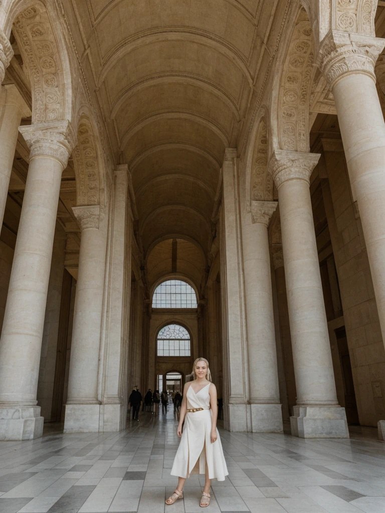 her name is Elle, high quality, 1girl, ((20-year-old fit Caucasian woman)), ((20 years old)), ((fit)), ((pale skin)), ((sleek ponytail blonde colored hair)) , wearing Metallic Gold Sequined One-Shoulder Top + High-Waisted Satin Wrap Skirt, pose: standing, background: The imposing structures within the Pergamon Museum transport visitors back to ancient civilizations. The Ishtar Gate’s brilliant blue tiles and the grand altar from Pergamon dominate the space, their scale and beauty overwhelming. The echo of footsteps on stone floors and the low hum of guided tours fill the vast rooms. The scent of ancient stone and dust mingles with the more modern smell of the museum’s café wafting through the corridors. Outside, the Museum Island offers a serene view of the River Spree, with the Berlin Cathedral standing majestically nearby.