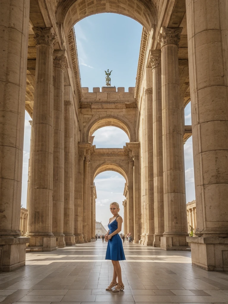 her name is Elle, high quality, 1girl, ((20-year-old fit Caucasian woman)), ((20 years old)), ((fit)), ((pale skin)), ((sleek ponytail blonde colored hair)) , wearing Metallic Gold Sequined One-Shoulder Top + High-Waisted Satin Wrap Skirt, pose: standing, background: The imposing structures within the Pergamon Museum transport visitors back to ancient civilizations. The Ishtar Gate’s brilliant blue tiles and the grand altar from Pergamon dominate the space, their scale and beauty overwhelming. The echo of footsteps on stone floors and the low hum of guided tours fill the vast rooms. The scent of ancient stone and dust mingles with the more modern smell of the museum’s café wafting through the corridors. Outside, the Museum Island offers a serene view of the River Spree, with the Berlin Cathedral standing majestically nearby.