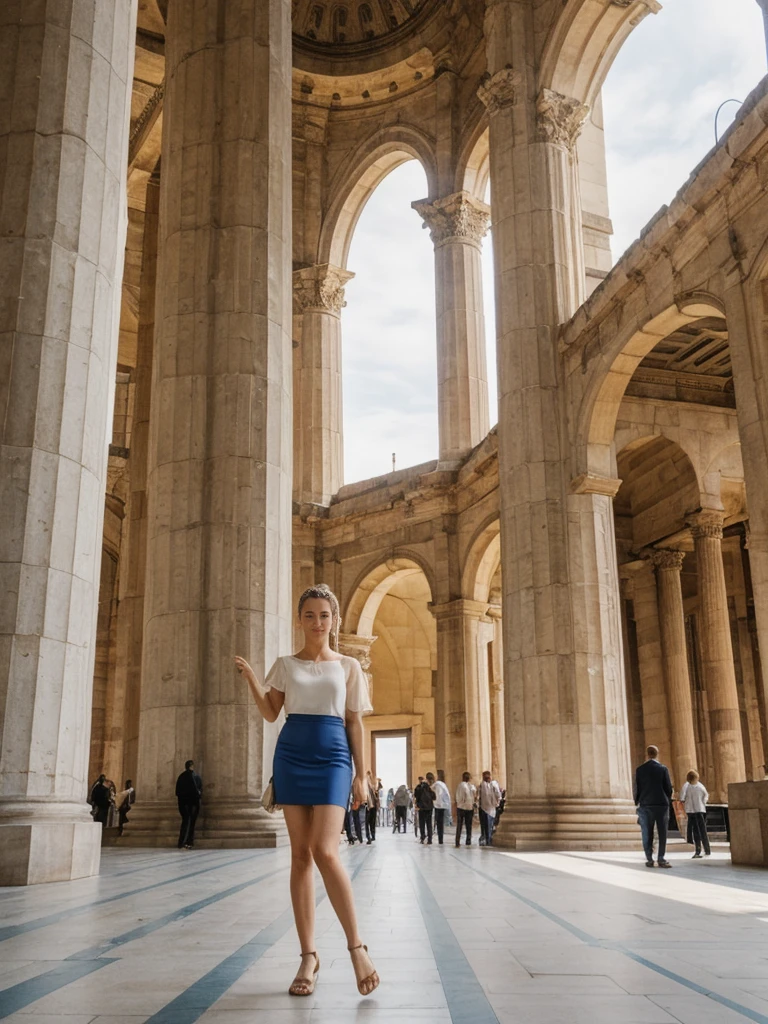 her name is Elle, high quality, 1girl, ((20-year-old fit Caucasian woman)), ((20 years old)), ((fit)), ((pale skin)), ((sleek ponytail blonde colored hair)) , wearing Metallic Gold Sequined One-Shoulder Top  + High-Waisted Satin Wrap Skirt, pose: standing, background: The imposing structures within the Pergamon Museum transport visitors back to ancient civilizations. The Ishtar Gate’s brilliant blue tiles and the grand altar from Pergamon dominate the space, their scale and beauty overwhelming. The echo of footsteps on stone floors and the low hum of guided tours fill the vast rooms. The scent of ancient stone and dust mingles with the more modern smell of the museum’s café wafting through the corridors. Outside, the Museum Island offers a serene view of the River Spree, with the Berlin Cathedral standing majestically nearby.