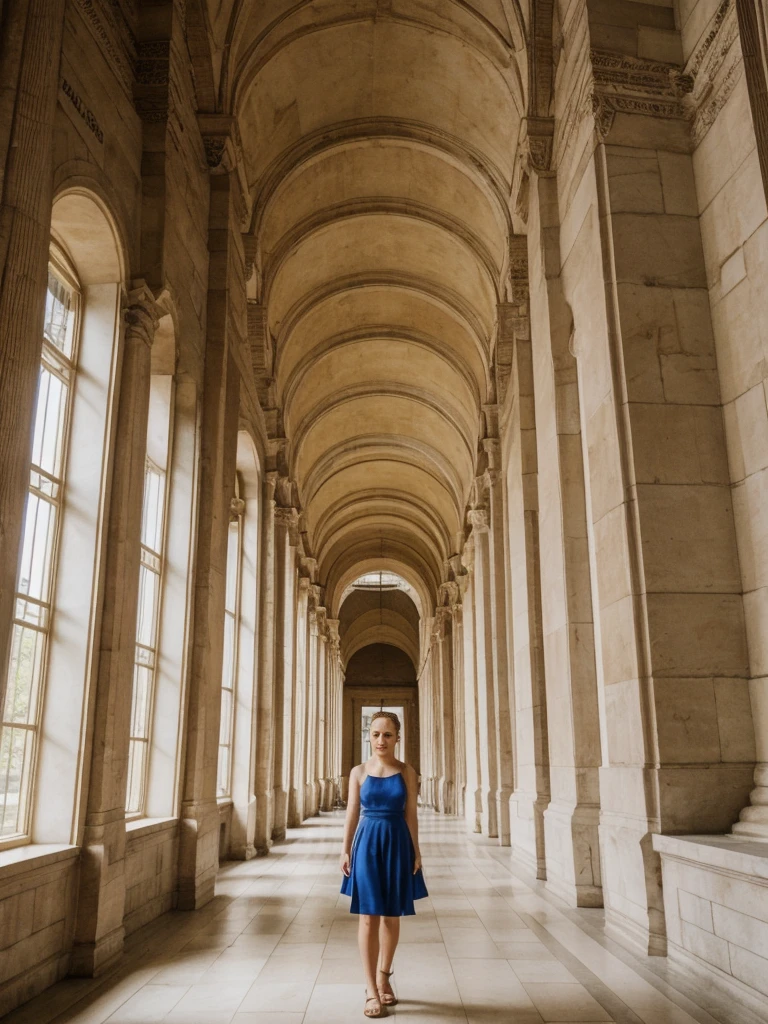 her name is Elle, high quality, 1girl, ((20-year-old fit Caucasian woman)), ((20 years old)), ((fit)), ((pale skin)), ((sleek ponytail blonde colored hair)) , wearing Metallic Gold Sequined One-Shoulder Top  + High-Waisted Satin Wrap Skirt, pose: standing, background: The imposing structures within the Pergamon Museum transport visitors back to ancient civilizations. The Ishtar Gate’s brilliant blue tiles and the grand altar from Pergamon dominate the space, their scale and beauty overwhelming. The echo of footsteps on stone floors and the low hum of guided tours fill the vast rooms. The scent of ancient stone and dust mingles with the more modern smell of the museum’s café wafting through the corridors. Outside, the Museum Island offers a serene view of the River Spree, with the Berlin Cathedral standing majestically nearby.