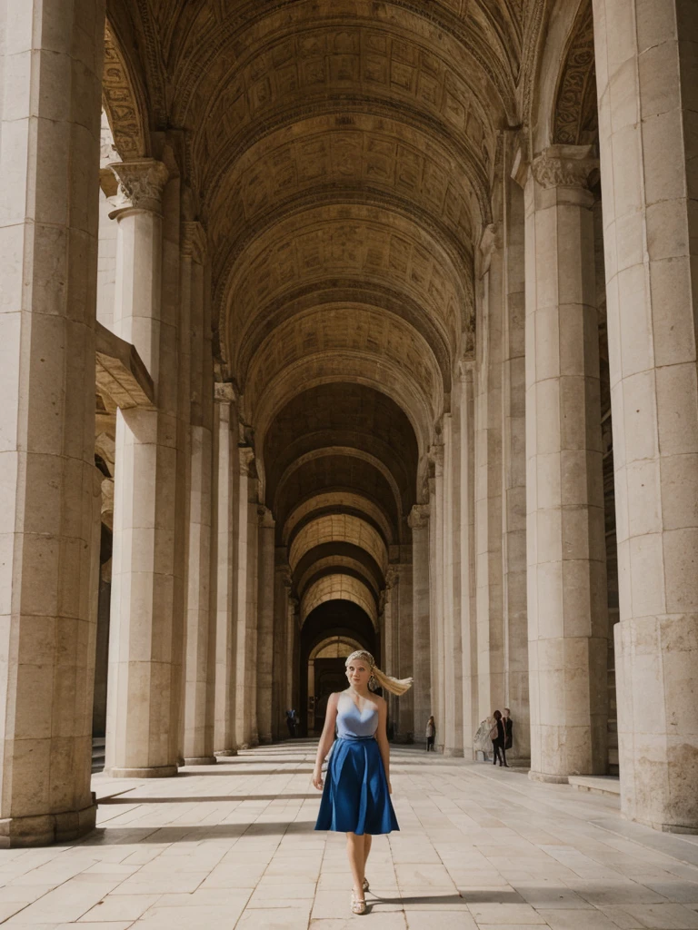 her name is Elle, high quality, 1girl, ((20-year-old fit Caucasian woman)), ((20 years old)), ((fit)), ((pale skin)), ((sleek ponytail blonde colored hair)) , wearing Metallic Gold Sequined One-Shoulder Top  + High-Waisted Satin Wrap Skirt, pose: standing, background: The imposing structures within the Pergamon Museum transport visitors back to ancient civilizations. The Ishtar Gate’s brilliant blue tiles and the grand altar from Pergamon dominate the space, their scale and beauty overwhelming. The echo of footsteps on stone floors and the low hum of guided tours fill the vast rooms. The scent of ancient stone and dust mingles with the more modern smell of the museum’s café wafting through the corridors. Outside, the Museum Island offers a serene view of the River Spree, with the Berlin Cathedral standing majestically nearby.