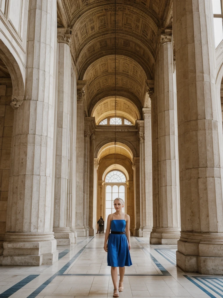 her name is Elle, high quality, 1girl, ((20-year-old fit Caucasian woman)), ((20 years old)), ((fit)), ((pale skin)), ((sleek ponytail blonde colored hair)) , wearing Metallic Gold Sequined One-Shoulder Top + High-Waisted Satin Wrap Skirt, pose: standing, background: The imposing structures within the Pergamon Museum transport visitors back to ancient civilizations. The Ishtar Gate’s brilliant blue tiles and the grand altar from Pergamon dominate the space, their scale and beauty overwhelming. The echo of footsteps on stone floors and the low hum of guided tours fill the vast rooms. The scent of ancient stone and dust mingles with the more modern smell of the museum’s café wafting through the corridors. Outside, the Museum Island offers a serene view of the River Spree, with the Berlin Cathedral standing majestically nearby.
