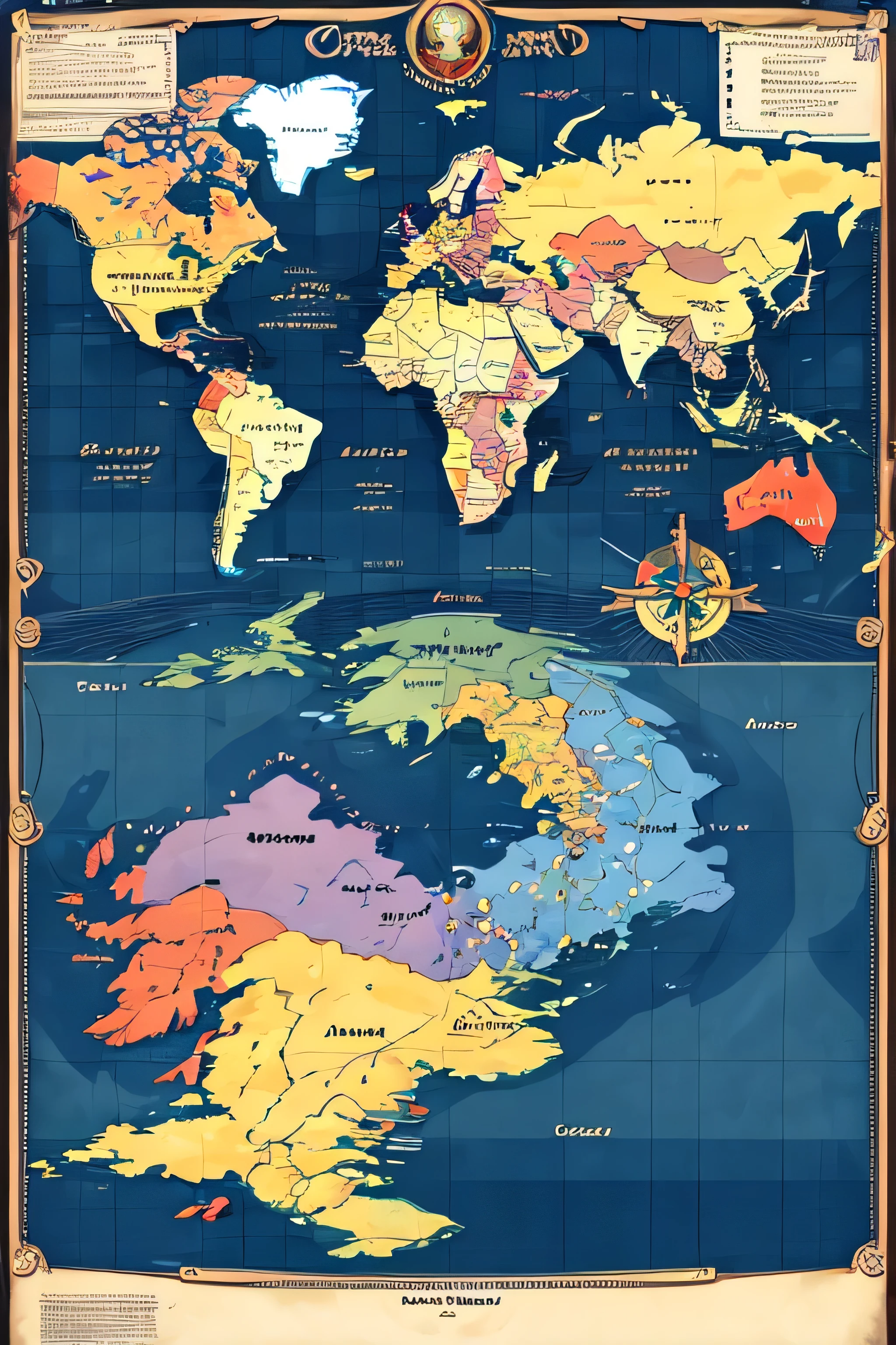 Fantasy world map. East is the Empire. West is the Church. South is the Demonic Country. North is the Confederacy. All letters are in 