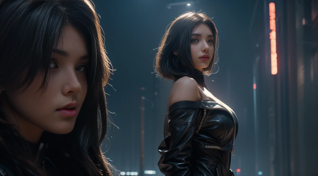 original photo, (best quality:1.3), high resolution, (masterpiece), (lifelike:1.4), Professional photography, Clear focus, High Dynamic Range, 8k resolution, Intricate details, Exquisite details, Depth of Field, Extremely detailed CG unified 8k wallpaper, masterpiece,record,best quality,Official Art,(Beauty and aesthetics:1.2),(masterpiece:1.3),The city of the future,Cyberpunk Characters,A girl,Sexy leather jacket,Off-shoulder,No underwear,Looking at the camera,(Medium focal length lens:1.8),Volumetric Fog,rain,night,drama