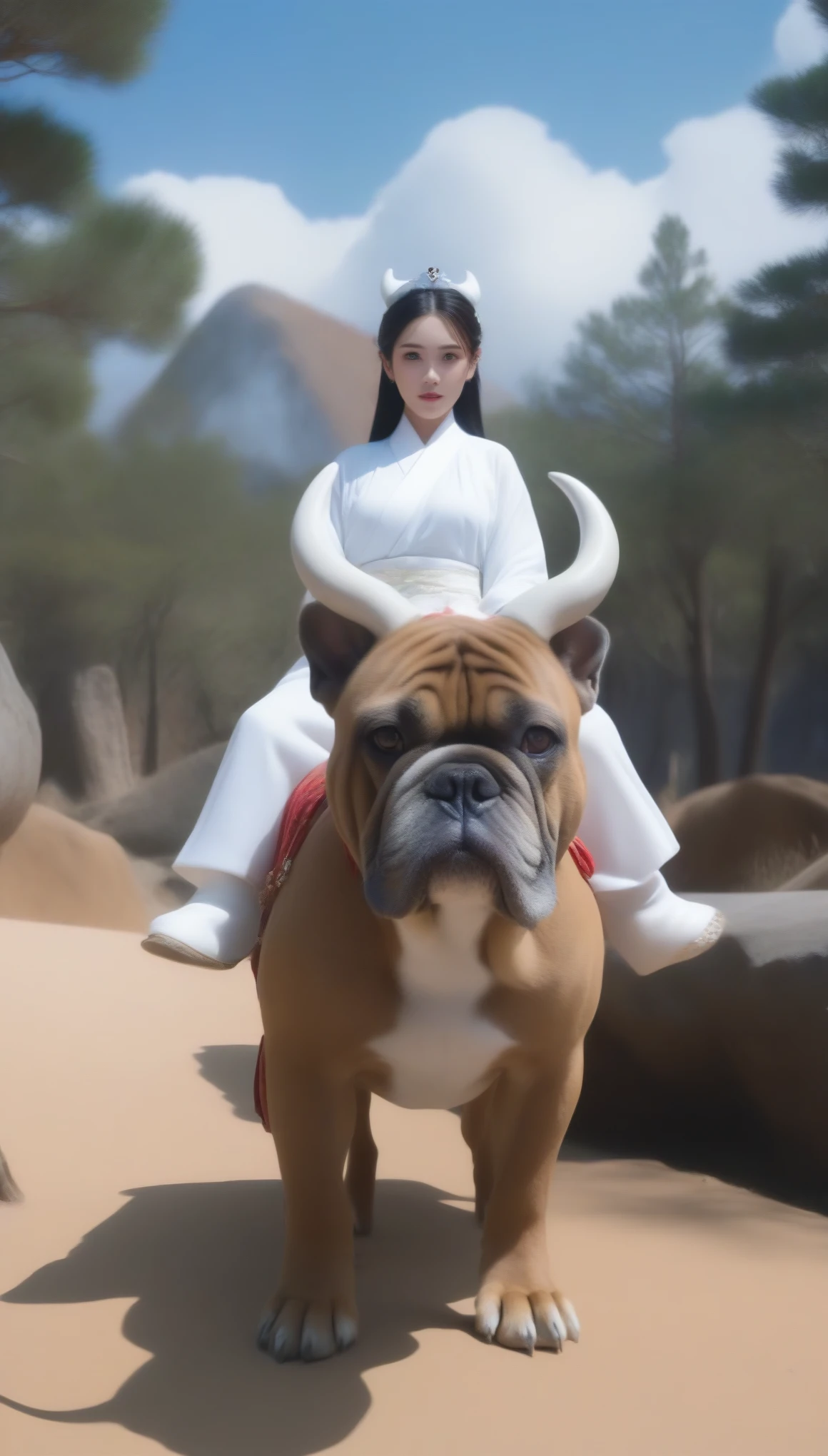 Surrealism, 8K, master work, ultra high definition resolution. In the ice age, a white Han costume beauty riding a big Bulldog came towards the camera. The big Bulldog has two horns, a long white beard, big eyes and is super cute. The camera moves with the camera, and the white Hanfu beauty's face is super clear.