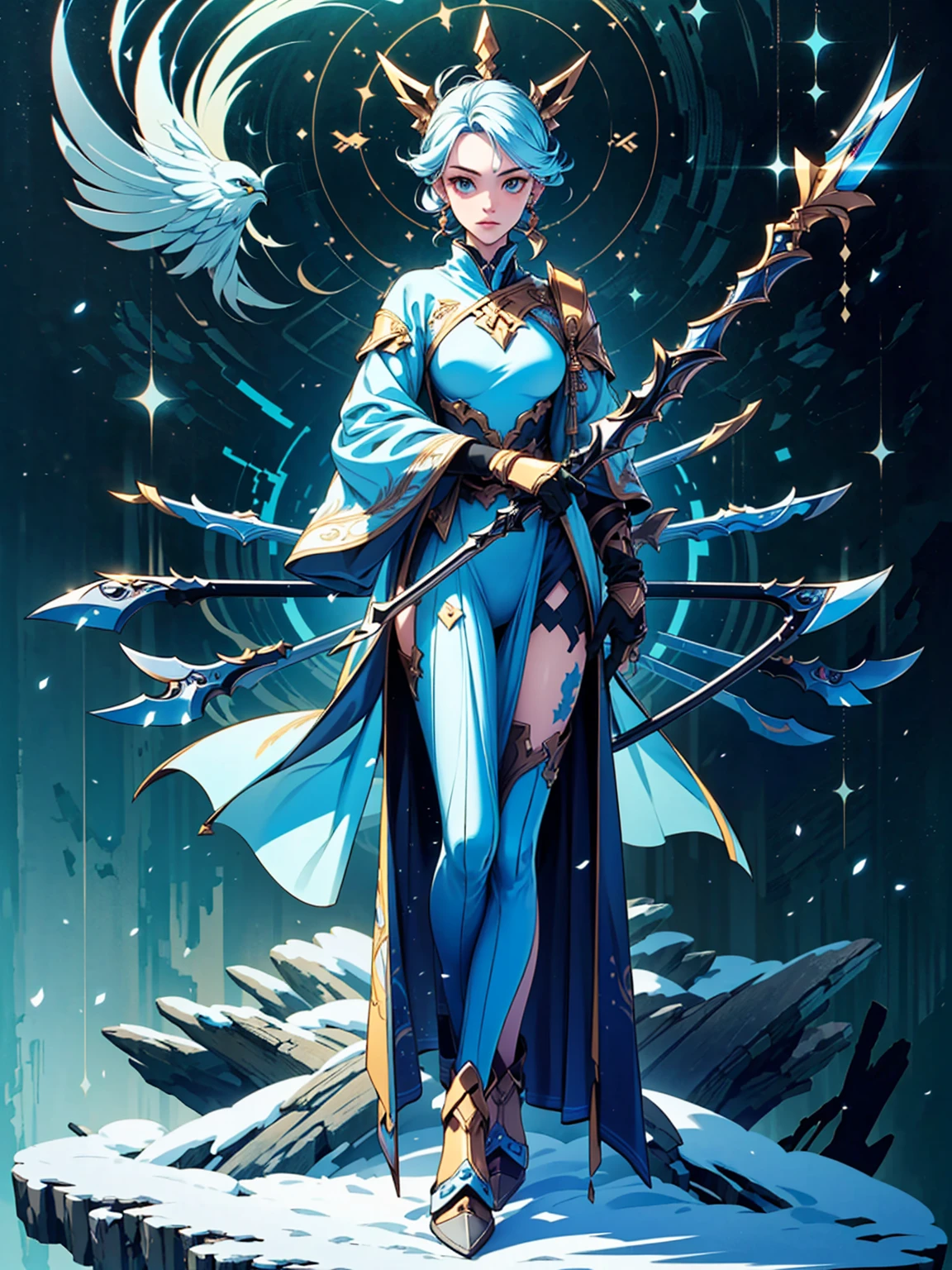 (((masterpiece, best quality, high detailed, 8k))) Design a layout showcase Gaming character, (1girl). Blue|Silver clothes, stylish and unique. ((showcase weapon:1.4)), bow and arrows. (masterpiece:1.2), (best quality), 4k, ultra-detailed. (Step by step design, layout art:1.5), (luminous lighting, atmospheric lighting). archer, ((glove full hands)), (((revealing clothes:1.3))), vambraces, armored legwear, (((full_body_shot:1.4))). {On a snowy mountain}.
