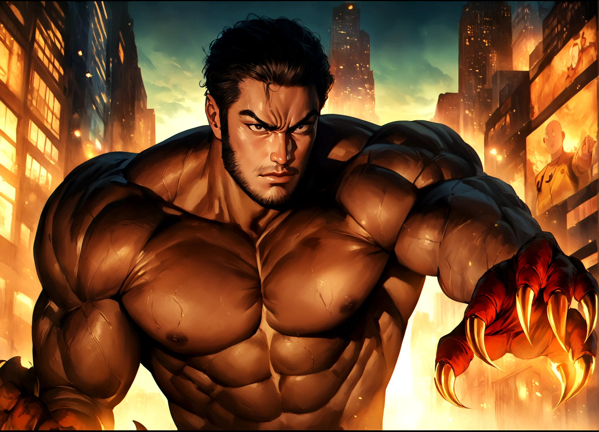 a muscular man with thick sideburns, claws out,fierce expression,90s comic book style,new york city backdrop,one punch man saitama standing nearby,unimpressed expression,detailed facial features,ultra realistic,cinematic lighting,dramatic shadows,dynamic pose,highly detailed,vibrant colors,gritty textures,masterpiece