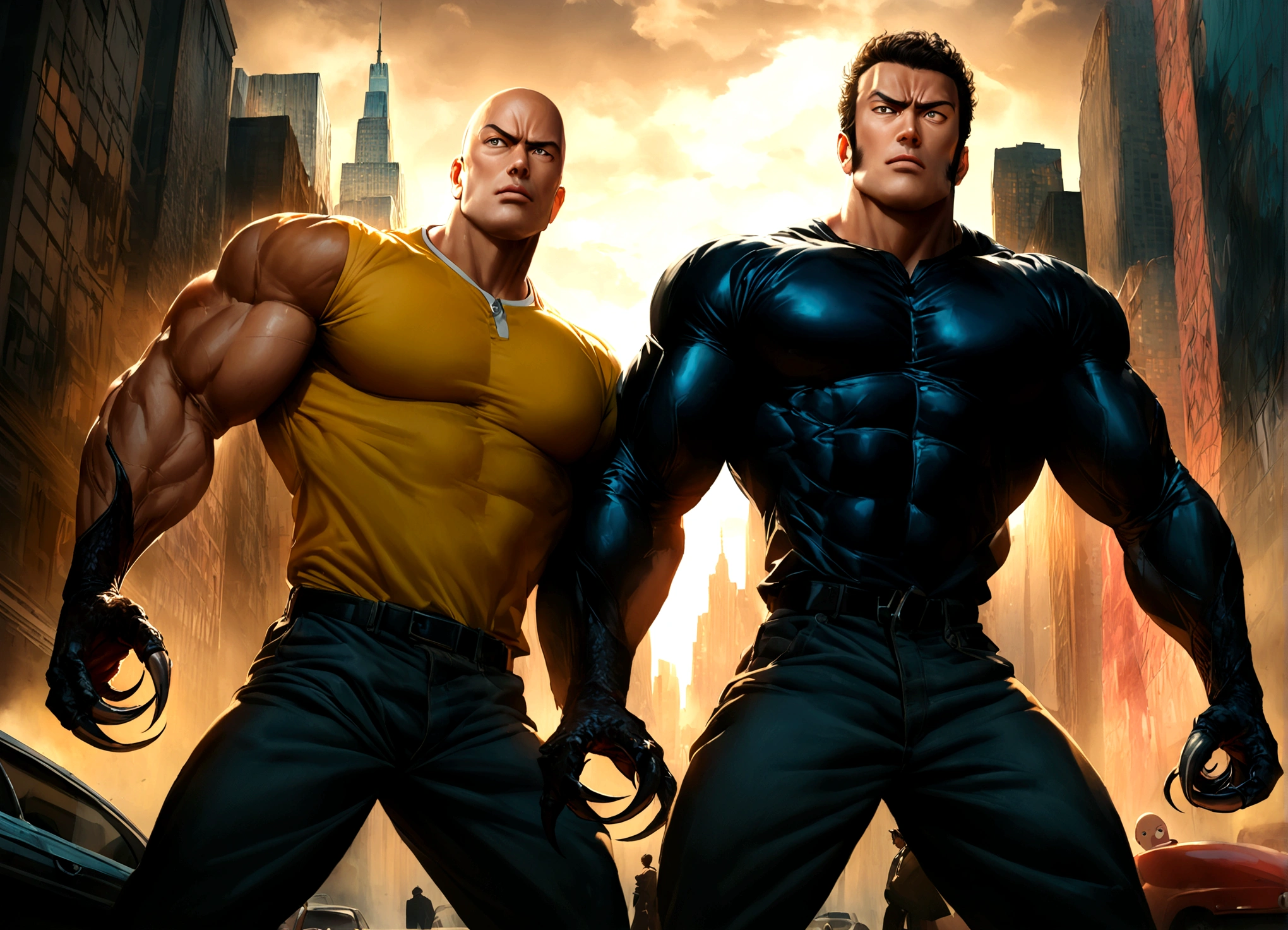 a muscular man with thick sideburns, claws out,fierce expression,90s comic book style,new york city backdrop,one punch man saitama standing nearby,unimpressed expression,detailed facial features,ultra realistic,cinematic lighting,dramatic shadows,dynamic pose,highly detailed,vibrant colors,gritty textures,masterpiece