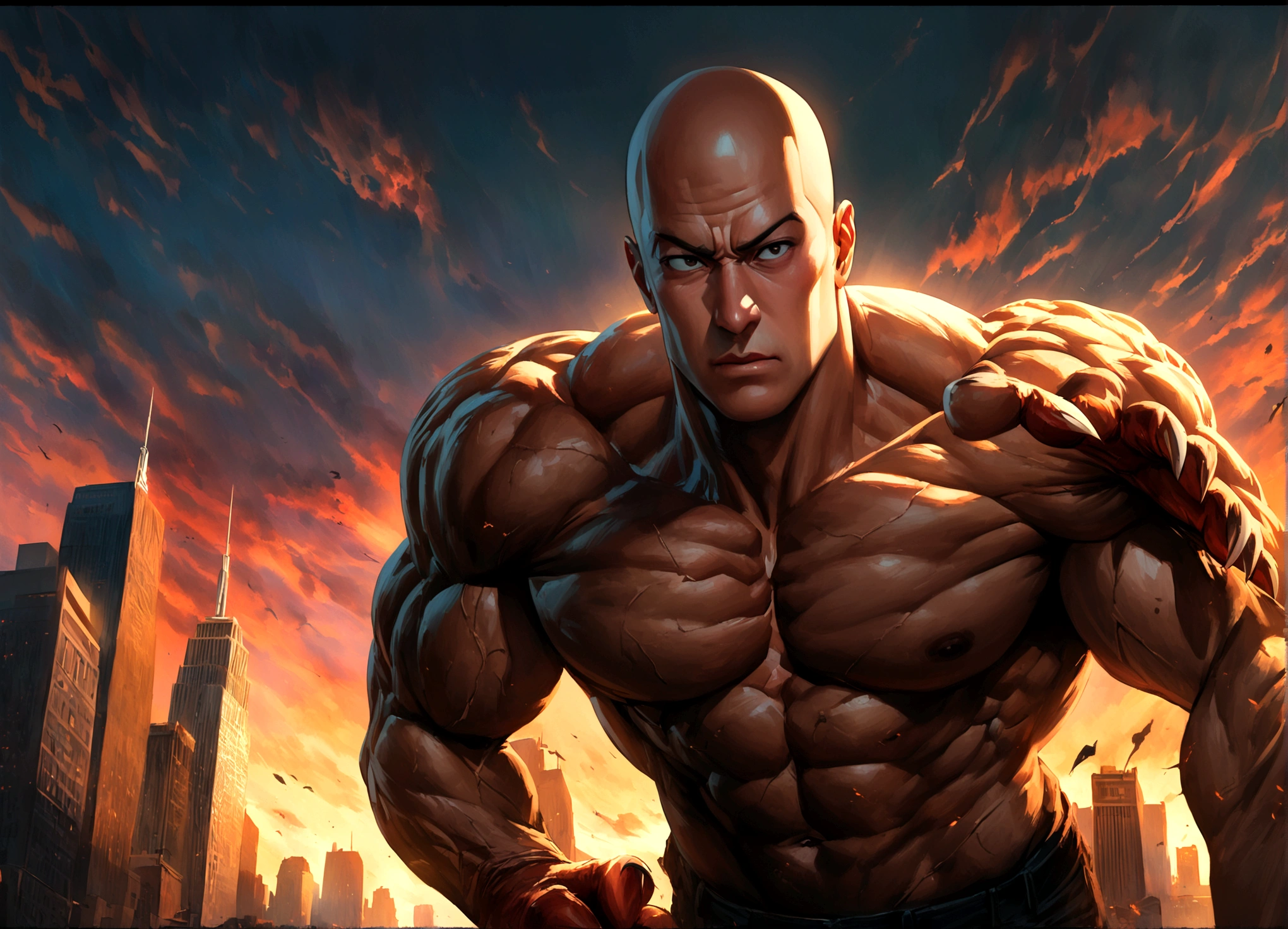 a muscular man with thick sideburns, claws out,fierce expression,90s comic book style,new york city backdrop,one punch man saitama standing nearby,unimpressed expression,detailed facial features,ultra realistic,cinematic lighting,dramatic shadows,dynamic pose,highly detailed,vibrant colors,gritty textures,masterpiece