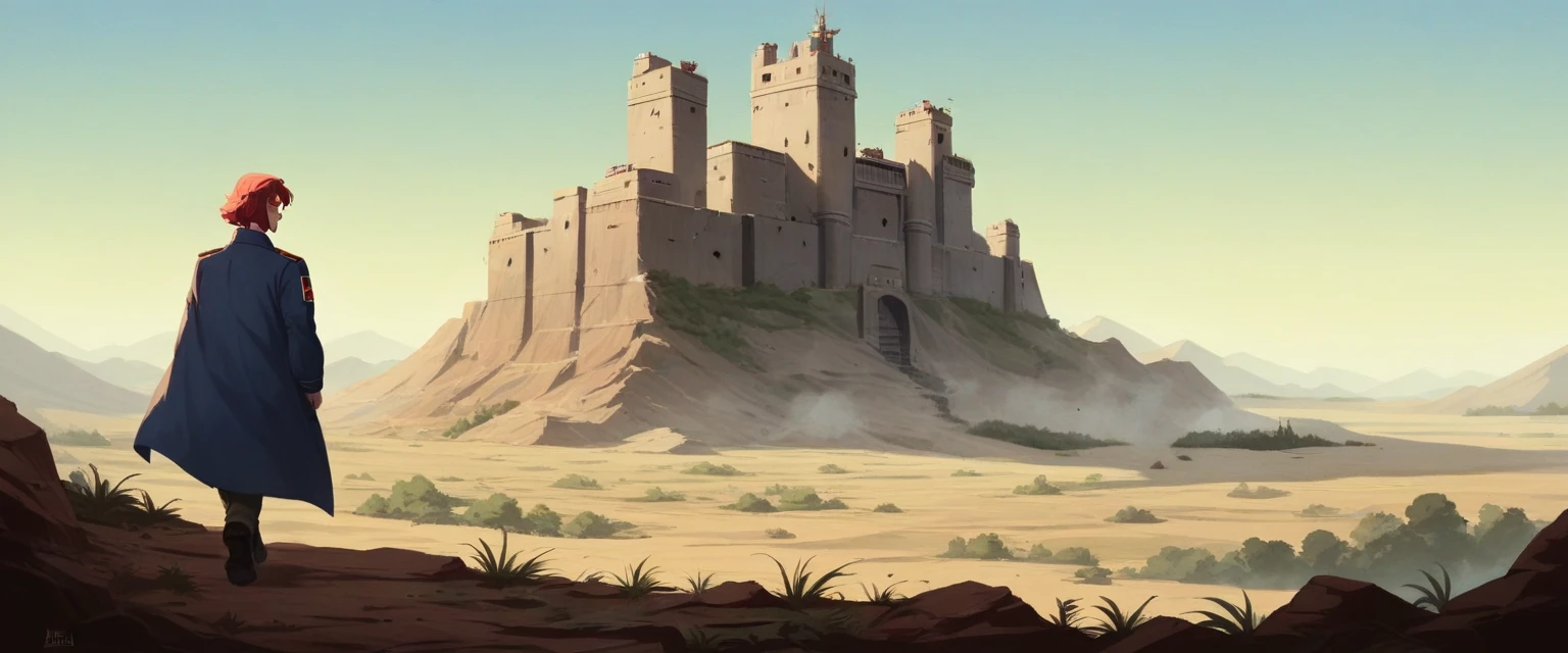Masterpiece, illustration, ((Huge giant military fortress of Babel made of stone carved in desert land far away)), (tower of babel), pale blue sky, sunlight, fog, shadow, dark grass with stone, inhabitable, barren land, nature, (mountains), unsaturated, (A young woman in a dark blue coat walking towards the castle far away.), medium length red hair, Moscow, Soviet Union, (Dark dragon with glowing red eyes flying in the sky over the fortress.)