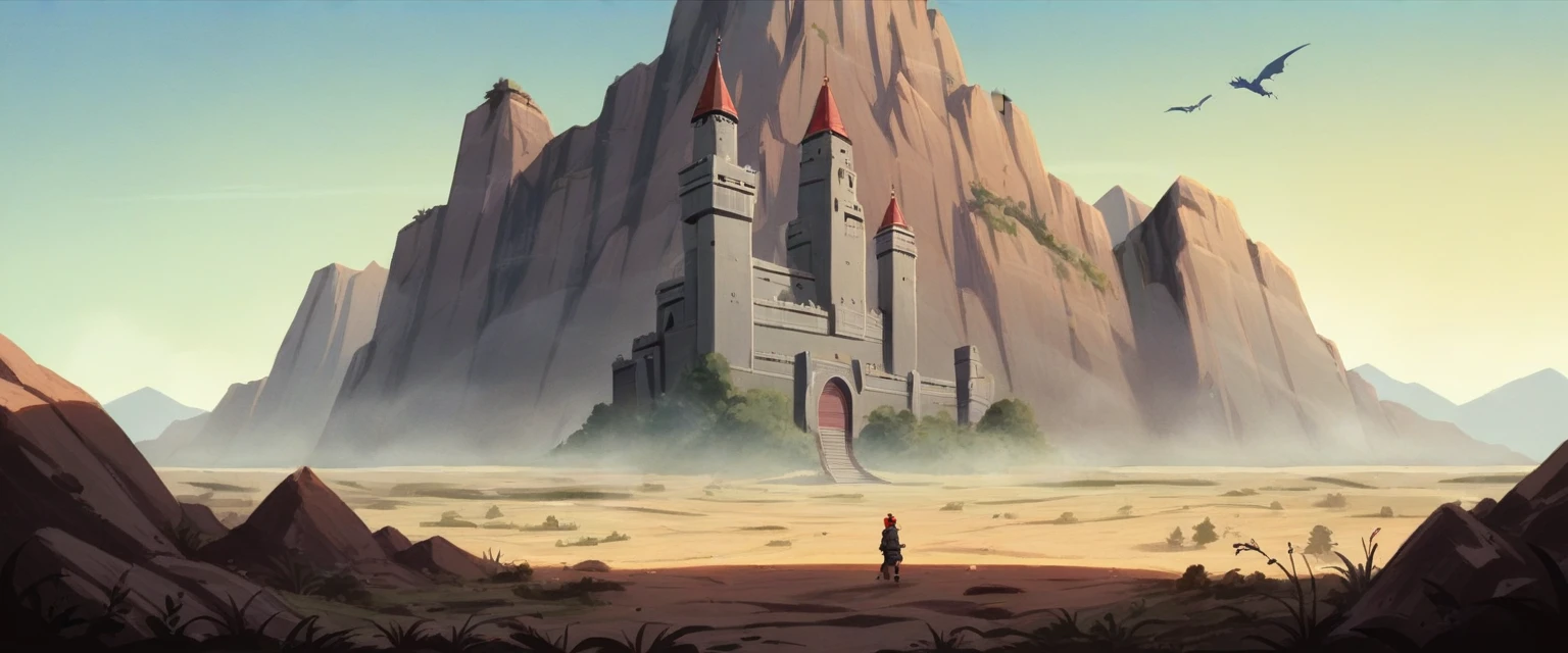 Masterpiece, illustration, ((Huge giant military fortress of Babel made of stone carved in desert land far away)), (tower of babel), pale blue sky, sunlight, fog, shadow, dark grass with stone, inhabitable, barren land, nature, (mountains), unsaturated, (A young woman in a dark blue coat walking towards the castle far away.), medium length red hair, Moscow, Soviet Union, (Dark dragon with glowing red eyes flying in the sky over the fortress.)